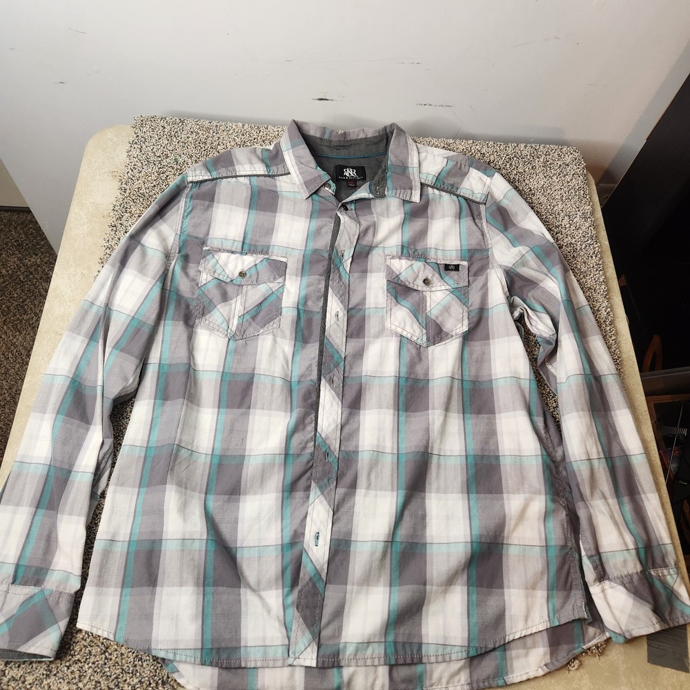 Rock & Republic Mens XXL Plaid Button Down Shirt Grey Teal Long Sleeve Casual
